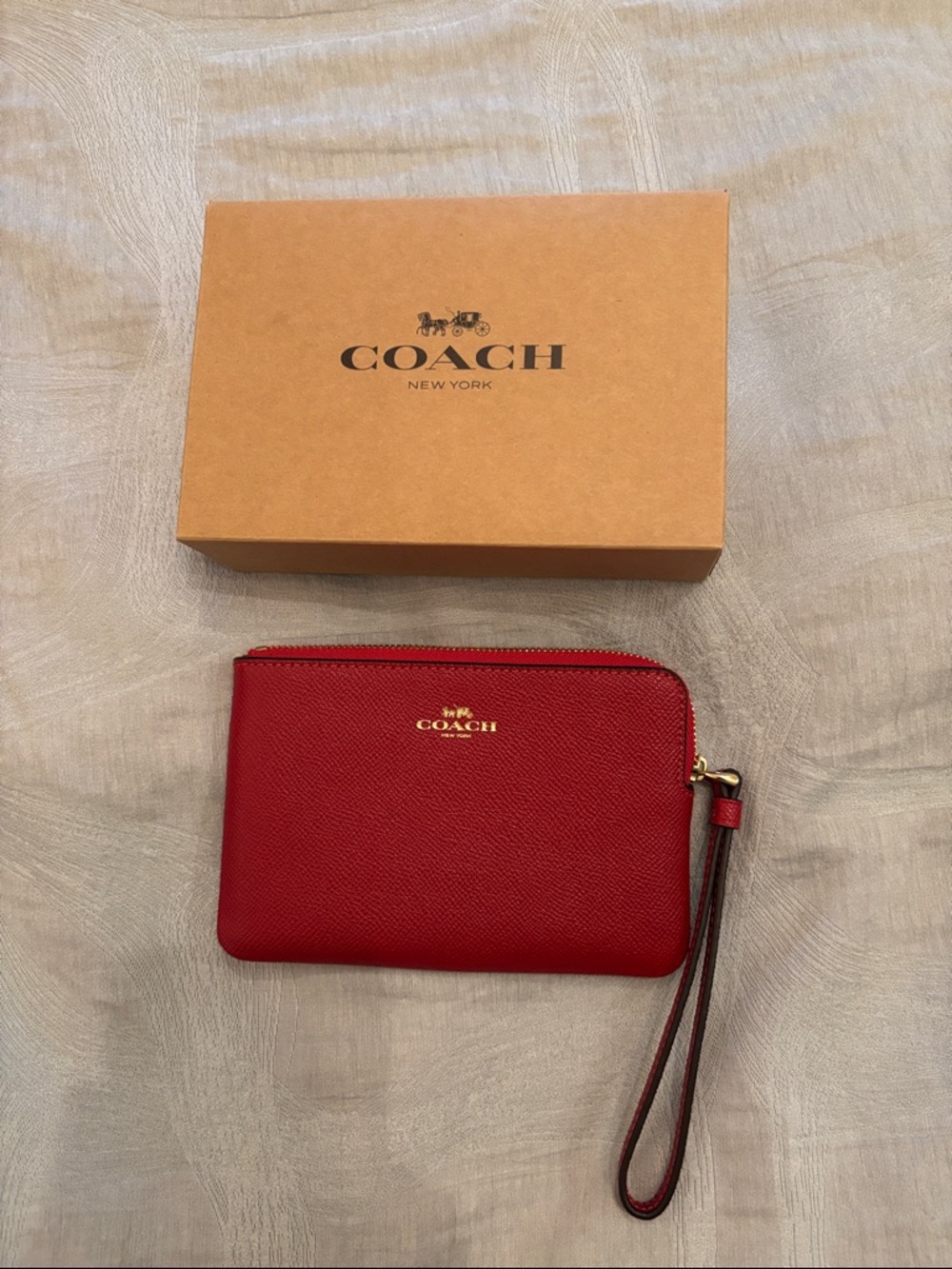Coach Red Leather Zip Wristlet with Gold Logo